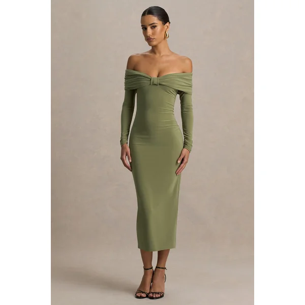Spark | Robe longue olive à col bardot avec détail nœud