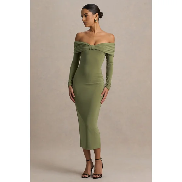 Spark | Robe longue olive à col bardot avec détail nœud