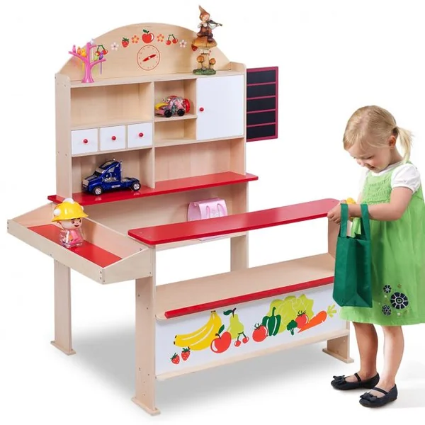 Stand d’Épicerie pour Enfants avec 4 Tiroirs et Compartiments pour Marchandises en Bois, 113x75x103cm, Naturel et blanc