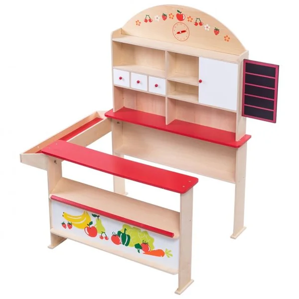 Stand d’Épicerie pour Enfants avec 4 Tiroirs et Compartiments pour Marchandises en Bois, 113x75x103cm, Naturel et blanc