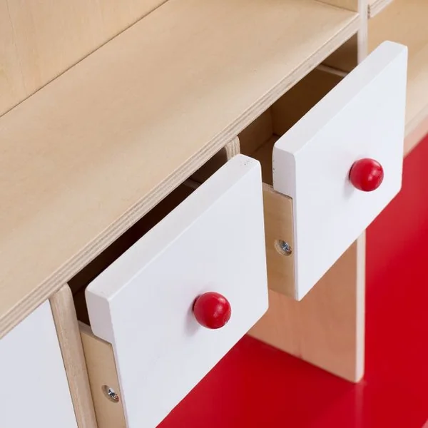 Stand d’Épicerie pour Enfants avec 4 Tiroirs et Compartiments pour Marchandises en Bois, 113x75x103cm, Naturel et blanc