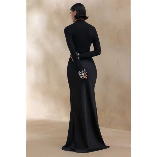 Starred | Robe longue noire à col montant avec jupe portefeuille en satin et poignets ornés