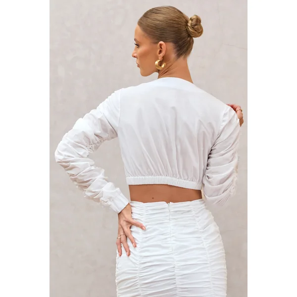 Sundown | Chemise courte blanche cache-cœur a manches froncees