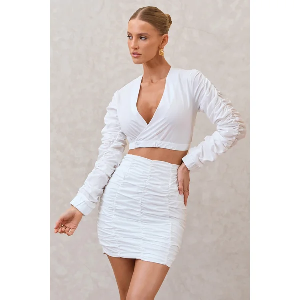 Sundown | Chemise courte blanche cache-cœur a manches froncees