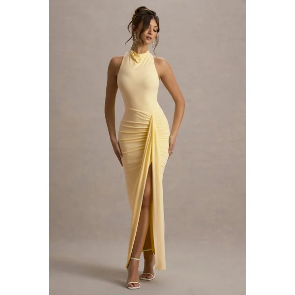 Sunflower | Robe longue citron à décolleté haut froncé avec fente.