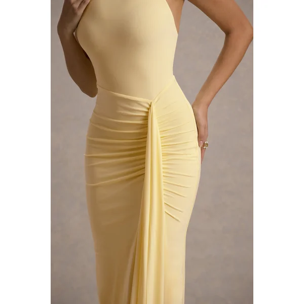 Sunflower | Robe longue citron à décolleté haut froncé avec fente.