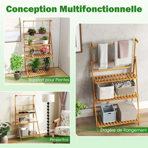 Support de Plantes en Echelle à 4 Niveaux Barre de Suspension Capacité 10 kg en Bambou 70x40x120-140cm Naturel