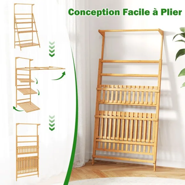 Support de Plantes en Echelle à 4 Niveaux Barre de Suspension Capacité 10 kg en Bambou 70x40x120-140cm Naturel