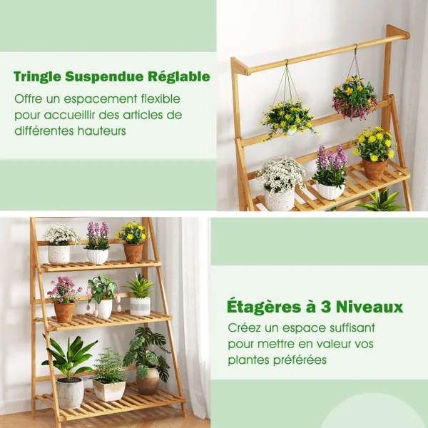Support de Plantes en Echelle à 4 Niveaux Barre de Suspension Capacité 10 kg en Bambou 70x40x120-140cm Naturel