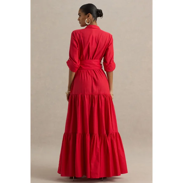 Sydney | Robe longue rouge à col rond avec détails à volants