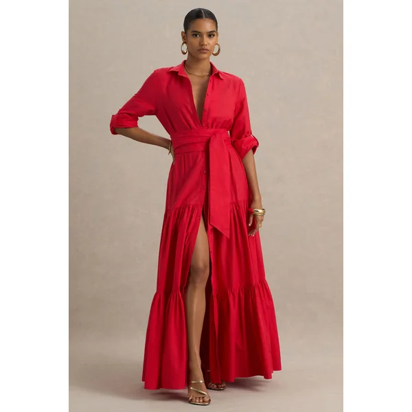 Sydney | Robe longue rouge à col rond avec détails à volants