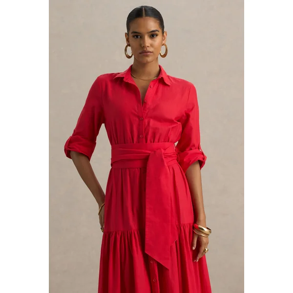Sydney | Robe longue rouge à col rond avec détails à volants