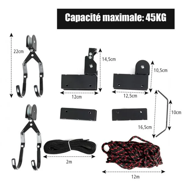 Système de Levage pour Canoë Kayak Porte-vélo Elévateur avec une Corde 12 Mètres Double Crochets Capacité 45 kg