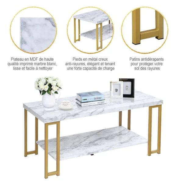 Table Basse 2 Étages Imprimée Marbre Design Moderne Bout de Canapé 100x49,5x45cm