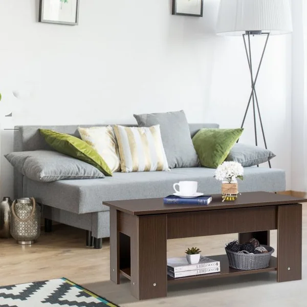 Table Basse avec Plateau Relevable et 1 Etagère pour Rangement Style Moderne en Aggloméré 98x51-74x42-56cm Brun