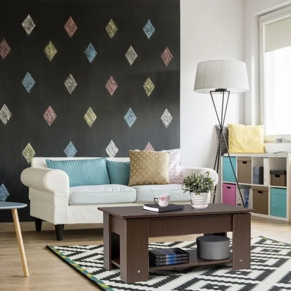 Table Basse avec Plateau Relevable et 1 Etagère pour Rangement Style Moderne en Aggloméré 98x51-74x42-56cm Brun