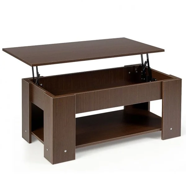 Table Basse avec Plateau Relevable et 1 Etagère pour Rangement Style Moderne en Aggloméré 98x51-74x42-56cm Brun