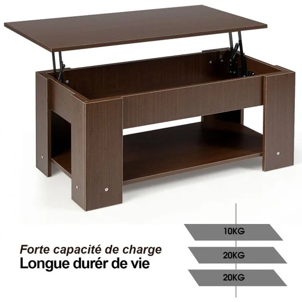 Table Basse avec Plateau Relevable et 1 Etagère pour Rangement Style Moderne en Aggloméré 98x51-74x42-56cm Brun