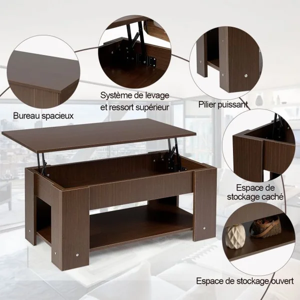 Table Basse avec Plateau Relevable et 1 Etagère pour Rangement Style Moderne en Aggloméré 98x51-74x42-56cm Brun