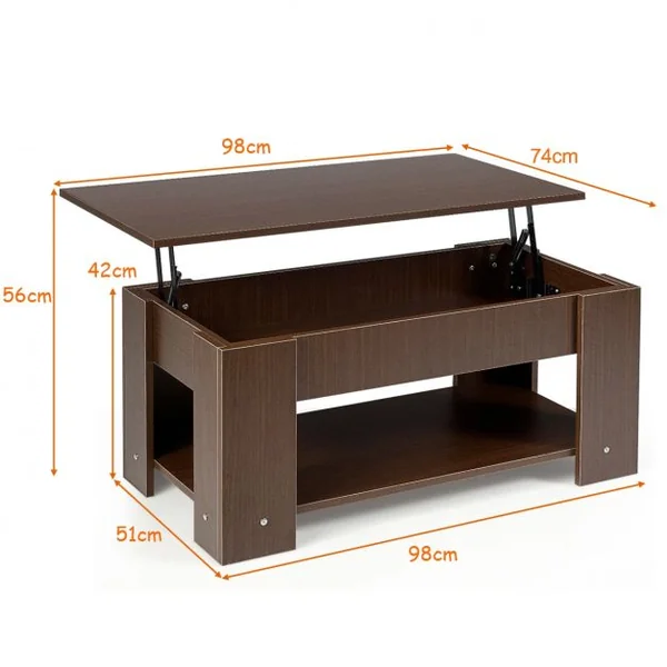 Table Basse avec Plateau Relevable et 1 Etagère pour Rangement Style Moderne en Aggloméré 98x51-74x42-56cm Brun