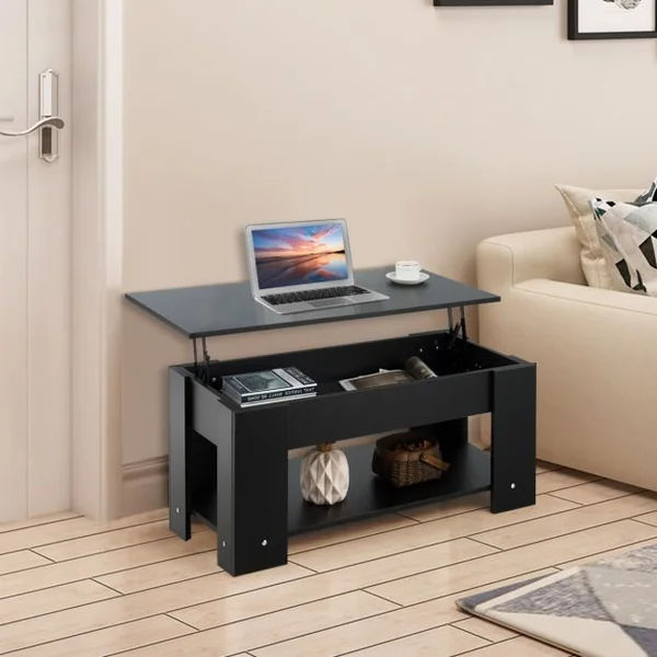 Table Basse avec Plateau Relevable et 1 Etagère pour Rangement Style Moderne en Aggloméré 98x51-74x42-56cm Noir