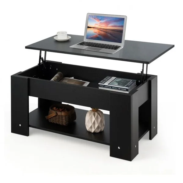 Table Basse avec Plateau Relevable et 1 Etagère pour Rangement Style Moderne en Aggloméré 98x51-74x42-56cm Noir