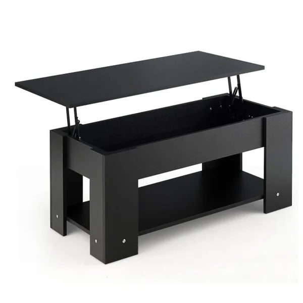 Table Basse avec Plateau Relevable et 1 Etagère pour Rangement Style Moderne en Aggloméré 98x51-74x42-56cm Noir