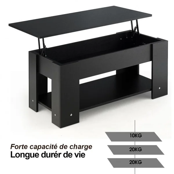 Table Basse avec Plateau Relevable et 1 Etagère pour Rangement Style Moderne en Aggloméré 98x51-74x42-56cm Noir