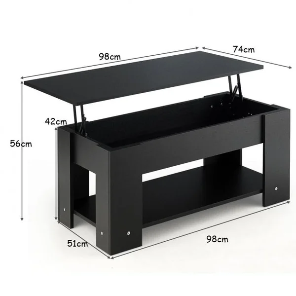 Table Basse avec Plateau Relevable et 1 Etagère pour Rangement Style Moderne en Aggloméré 98x51-74x42-56cm Noir