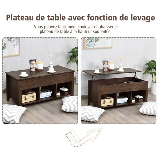 Table Basse avec Plateau Relevable Table de Salon Contemporaine Rectangulaire 3 Compartiments 105x50x48cm Marron