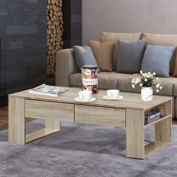 Table Basse Moderne Robuste avec 2 Tiroirs et 2 Tablettes Latérales Capacité 10 Kg en Mdf 120x60x40cm Couleur Chêne