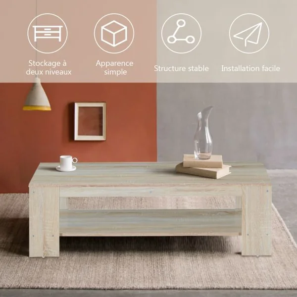 Table Basse Moderne Robuste avec Étagère de Rangement Capacité Table 15kg Étagère 8kg en Mdf 120x55x34cm Noyer