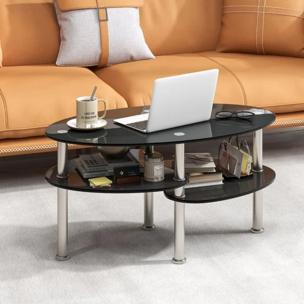 Table Basse Ovale en Verre Trempé Table de Salon Moderne avec 3 Etagères Cadre en Métal 90x50x45cm Noir