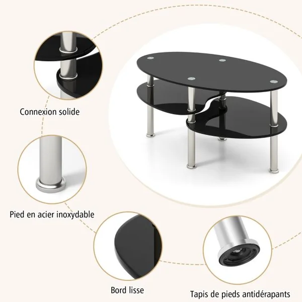 Table Basse Ovale en Verre Trempé Table de Salon Moderne avec 3 Etagères Cadre en Métal 90x50x45cm Noir