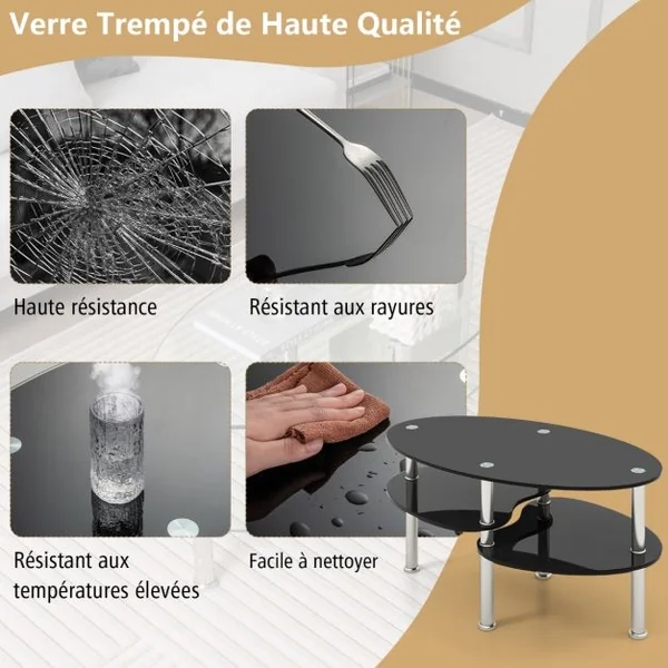 Table Basse Ovale en Verre Trempé Table de Salon Moderne avec 3 Etagères Cadre en Métal 90x50x45cm Noir