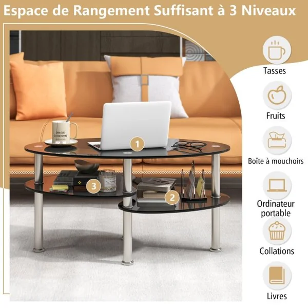 Table Basse Ovale en Verre Trempé Table de Salon Moderne avec 3 Etagères Cadre en Métal 90x50x45cm Noir