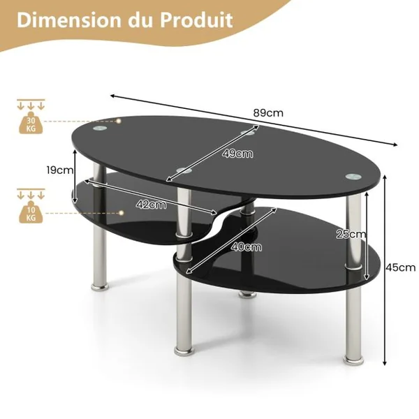 Table Basse Ovale en Verre Trempé Table de Salon Moderne avec 3 Etagères Cadre en Métal 90x50x45cm Noir