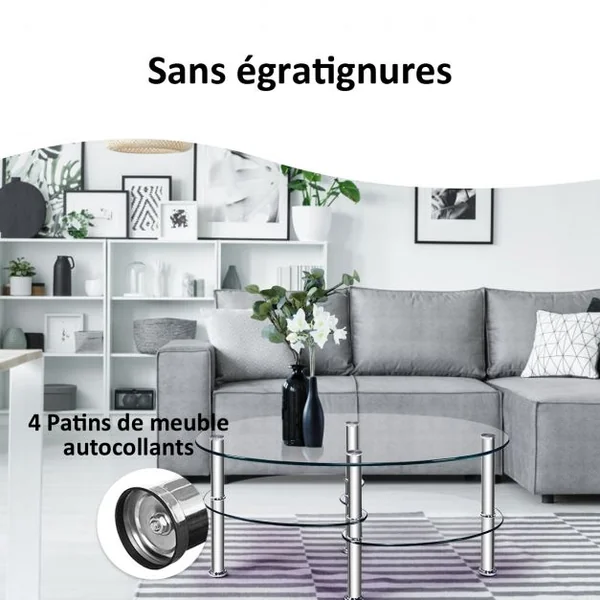 Table Basse Ovale en Verre Trempé Table de Salon Moderne avec 3 Etagères Cadre en Métal 90x50x45cm Transparent