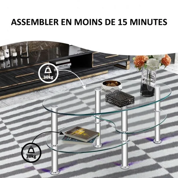 Table Basse Ovale en Verre Trempé Table de Salon Moderne avec 3 Etagères Cadre en Métal 90x50x45cm Transparent