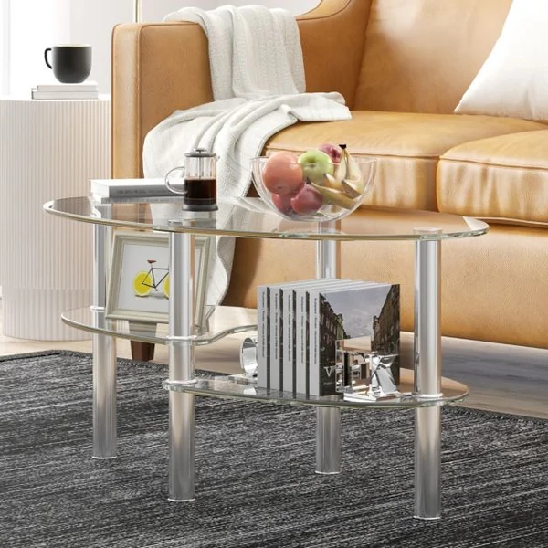 Table Basse Ovale en Verre Trempé Table de Salon Moderne avec 3 Etagères Cadre en Métal 90x50x45cm Transparent