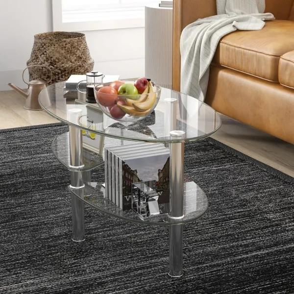 Table Basse Ovale en Verre Trempé Table de Salon Moderne avec 3 Etagères Cadre en Métal 90x50x45cm Transparent