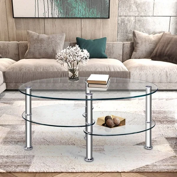 Table Basse Ovale en Verre Trempé Table de Salon Moderne avec 3 Etagères Cadre en Métal 90x50x45cm Transparent