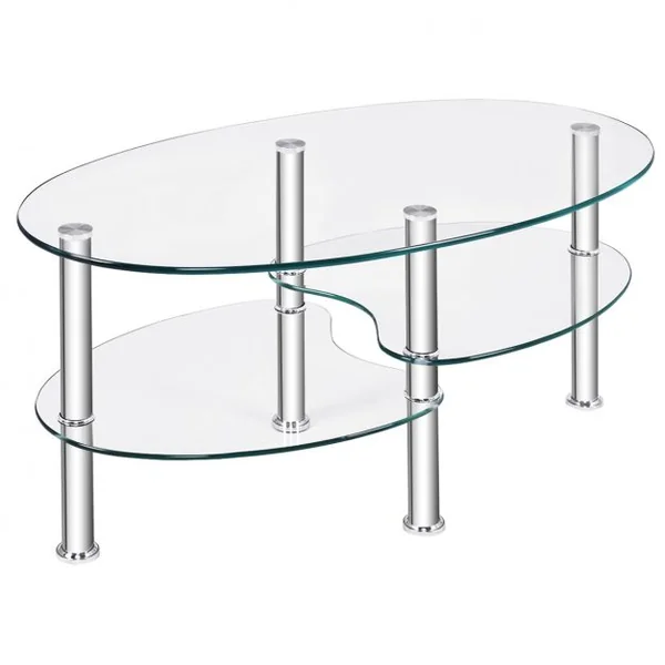 Table Basse Ovale en Verre Trempé Table de Salon Moderne avec 3 Etagères Cadre en Métal 90x50x45cm Transparent
