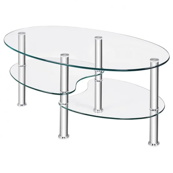 Table Basse Ovale en Verre Trempé Table de Salon Moderne avec 3 Etagères Cadre en Métal 90x50x45cm Transparent