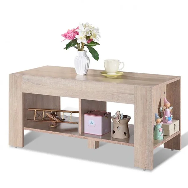 Table Basse Rectangulaire pour Salon avec Étagères Surélevées Style Noderne en MDF 90x39x42cm Couleur Chêne