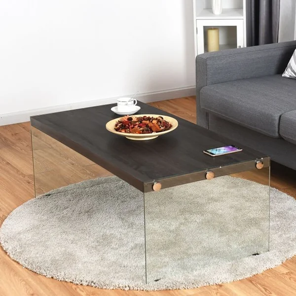 Table Basse Rectangulaire Scandinave Table à Café en Verre Trempé pour Salon en MDF, 110x55x40cm, Gris et Transparent