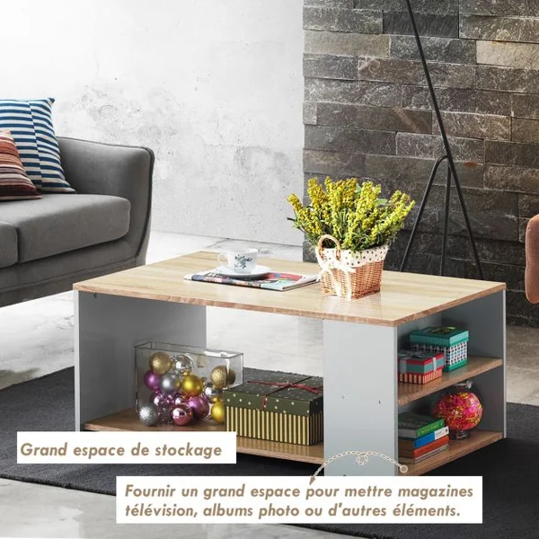 Table Basse Rectangulaire Table Basse avec Grand Espace de Rangement en Mdf 90x59x40cm Naturel