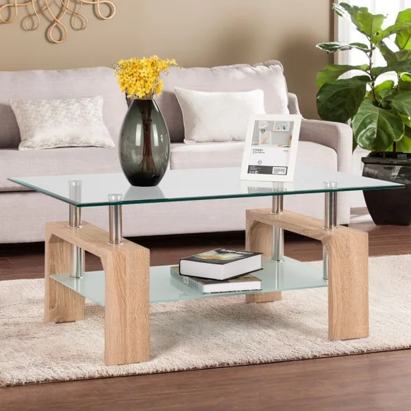 Table Basse Table d’Appoint de salon avec Étagère Inférieure en MDF Verre Trempé Acier Inoxydable, 100x60x45cm, Naturel