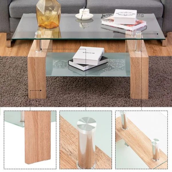 Table Basse Table d’Appoint de salon avec Étagère Inférieure en MDF Verre Trempé Acier Inoxydable, 100x60x45cm, Naturel