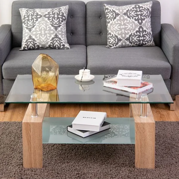 Table Basse Table d’Appoint de salon avec Étagère Inférieure en MDF Verre Trempé Acier Inoxydable, 100x60x45cm, Naturel